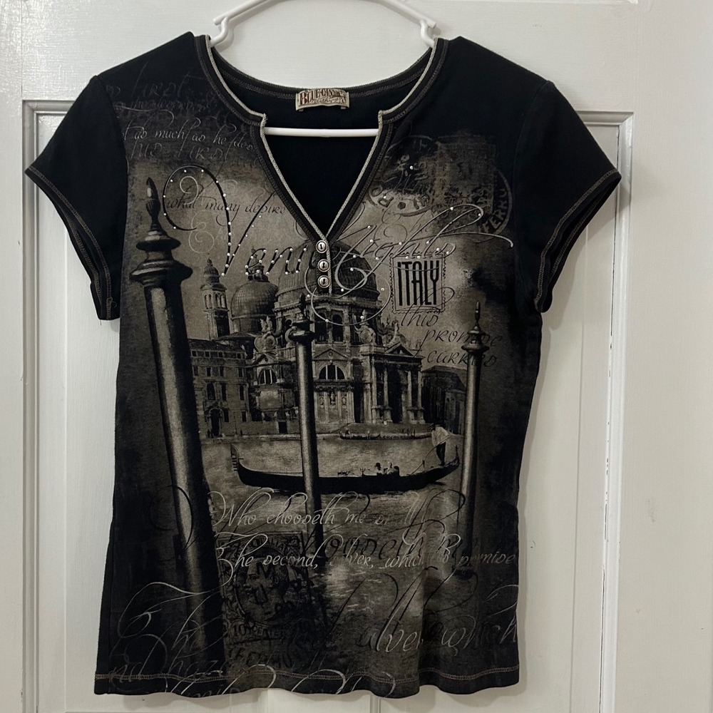 Y2K Blue‎ Canyon Sz L Black Venice Italy Henley Shirt Vintage Bling Whimsygoth